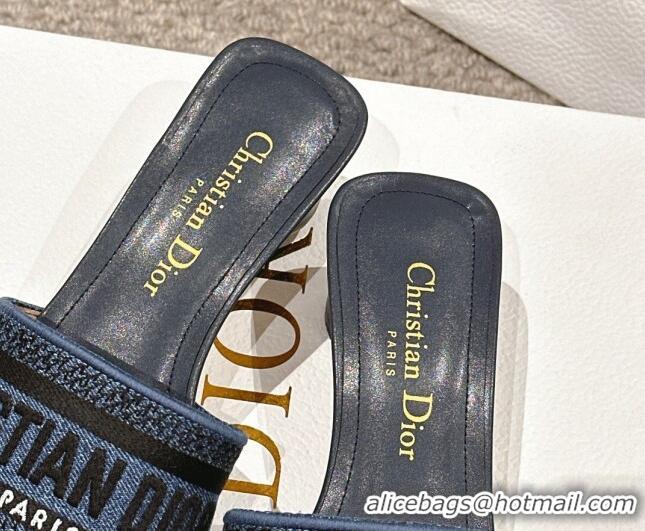 Shop Duplicate Dior Dway Heel Slides Sandal 3.5cm in Classic Embroidered Denim Dark Blue 1231018