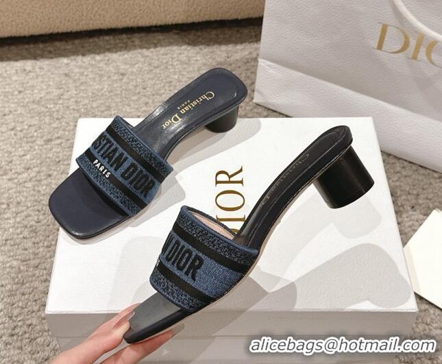 Shop Duplicate Dior Dway Heel Slides Sandal 3.5cm in Classic Embroidered Denim Dark Blue 1231018