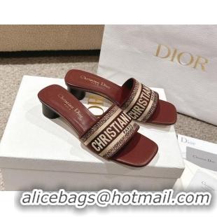 Best Grade Dior Dway Heel Slides Sandal 3.5cm in Classic Embroidered Cotton Burgundy 1231022