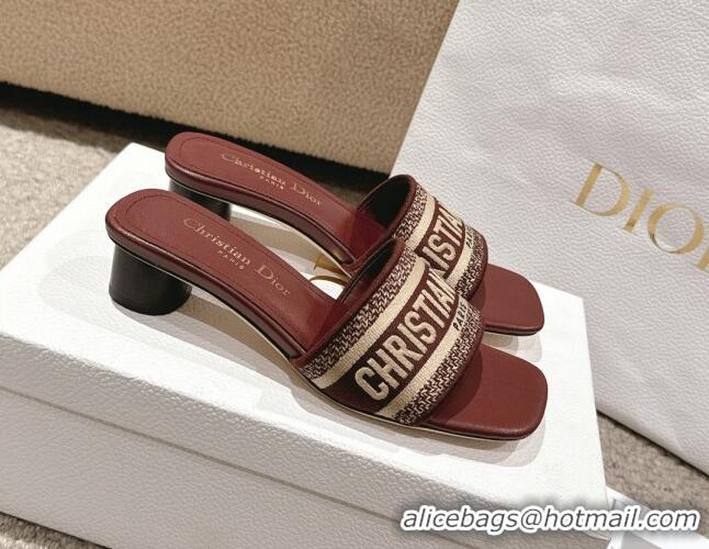 Best Grade Dior Dway Heel Slides Sandal 3.5cm in Classic Embroidered Cotton Burgundy 1231022