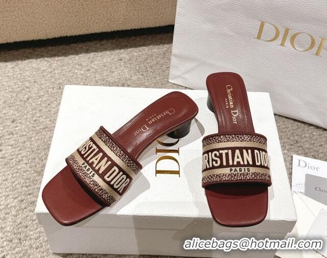 Best Grade Dior Dway Heel Slides Sandal 3.5cm in Classic Embroidered Cotton Burgundy 1231022