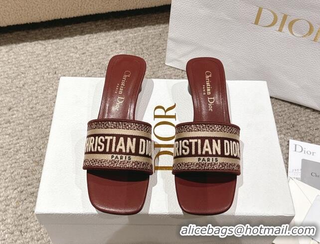 Best Grade Dior Dway Heel Slides Sandal 3.5cm in Classic Embroidered Cotton Burgundy 1231022