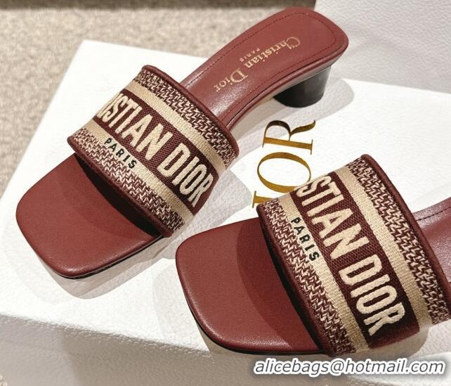 Best Grade Dior Dway Heel Slides Sandal 3.5cm in Classic Embroidered Cotton Burgundy 1231022