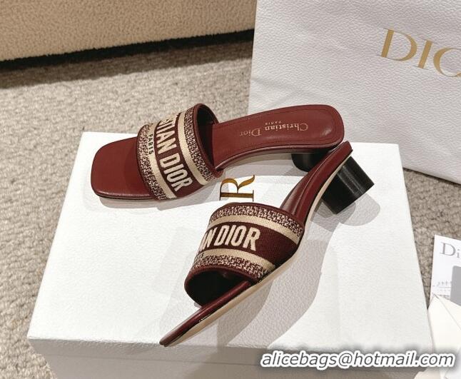 Best Grade Dior Dway Heel Slides Sandal 3.5cm in Classic Embroidered Cotton Burgundy 1231022