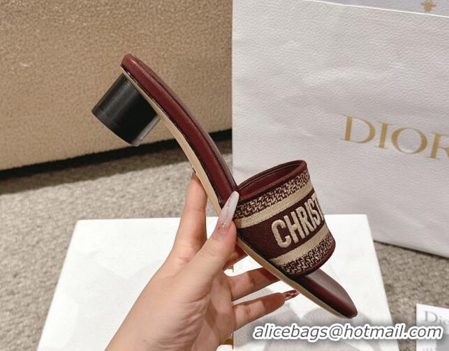 Best Grade Dior Dway Heel Slides Sandal 3.5cm in Classic Embroidered Cotton Burgundy 1231022