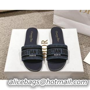 Big Discount Dior Dway Flat Slides Sandal in Classic Embroidered Denim Dark Blue 1231023