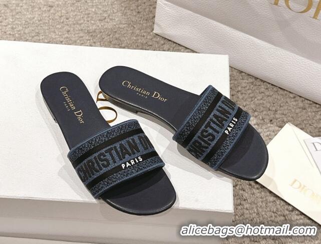 Big Discount Dior Dway Flat Slides Sandal in Classic Embroidered Denim Dark Blue 1231023