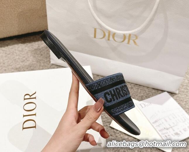 Big Discount Dior Dway Flat Slides Sandal in Classic Embroidered Denim Dark Blue 1231023