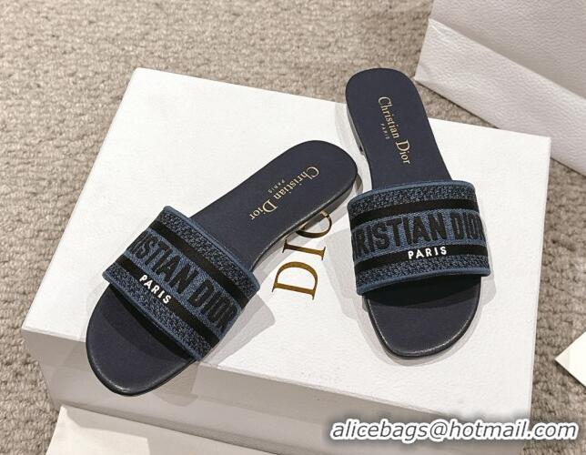 Big Discount Dior Dway Flat Slides Sandal in Classic Embroidered Denim Dark Blue 1231023