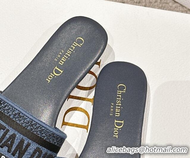 Big Discount Dior Dway Flat Slides Sandal in Classic Embroidered Denim Dark Blue 1231023