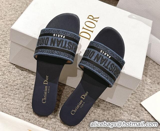 Big Discount Dior Dway Flat Slides Sandal in Classic Embroidered Denim Dark Blue 1231023