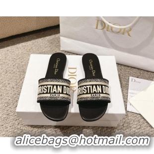 Low Cost Dior Dway Flat Slides Sandal in Classic Embroidered Cotton Black 1231024