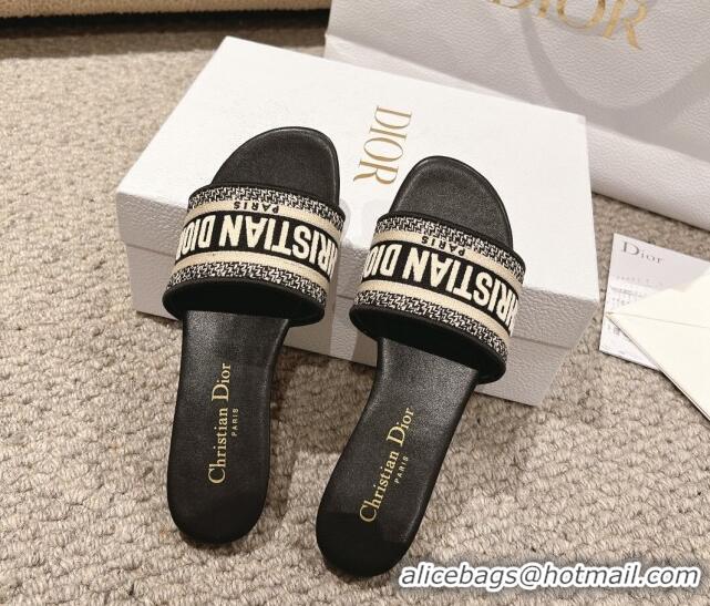 Low Cost Dior Dway Flat Slides Sandal in Classic Embroidered Cotton Black 1231024