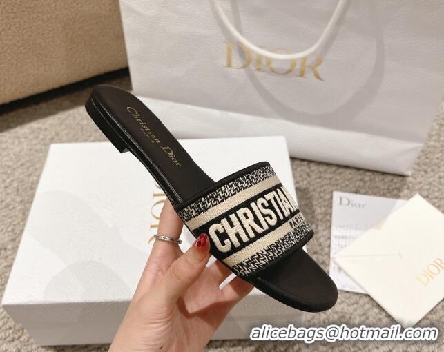 Low Cost Dior Dway Flat Slides Sandal in Classic Embroidered Cotton Black 1231024