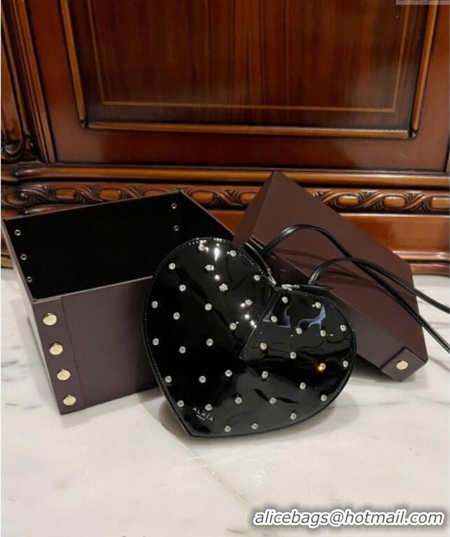 Best Quality Alaia Le Cœur Heart Bag with Strass Stud Allover in Patent Leather 0621 Black 2024