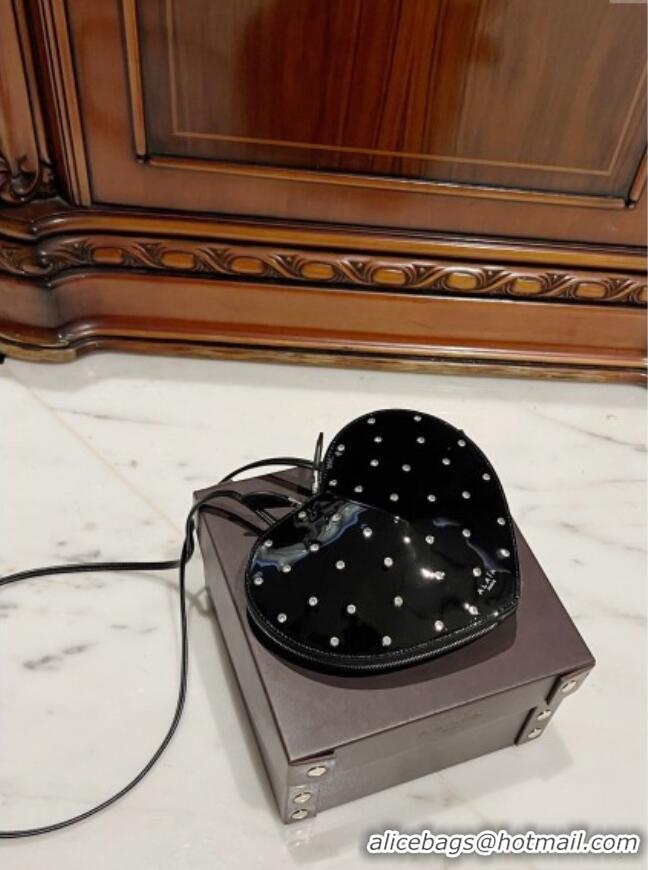 Best Quality Alaia Le Cœur Heart Bag with Strass Stud Allover in Patent Leather 0621 Black 2024