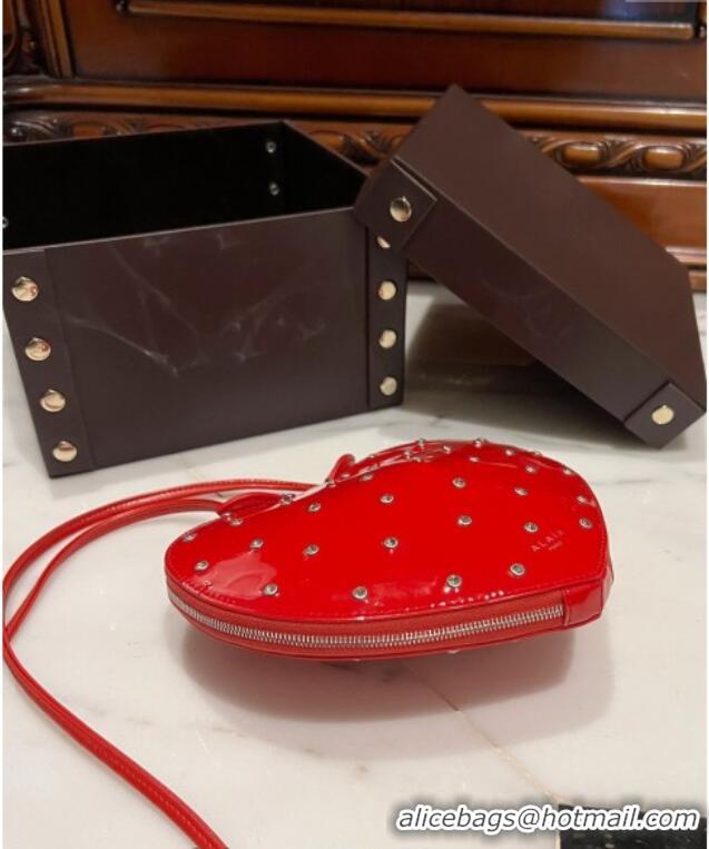 Luxury Cheap Alaia Le Cœur Heart Bag with Strass Stud Allover in Patent Leather 0621 Red 2024