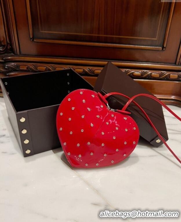 Luxury Cheap Alaia Le Cœur Heart Bag with Strass Stud Allover in Patent Leather 0621 Red 2024