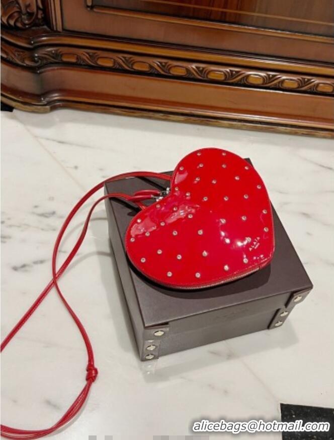 Luxury Cheap Alaia Le Cœur Heart Bag with Strass Stud Allover in Patent Leather 0621 Red 2024