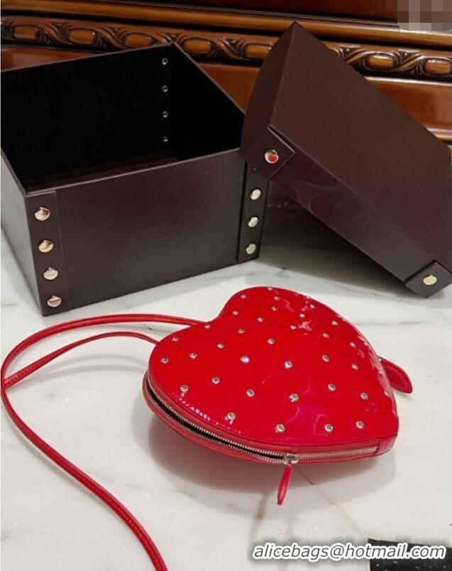 Luxury Cheap Alaia Le Cœur Heart Bag with Strass Stud Allover in Patent Leather 0621 Red 2024