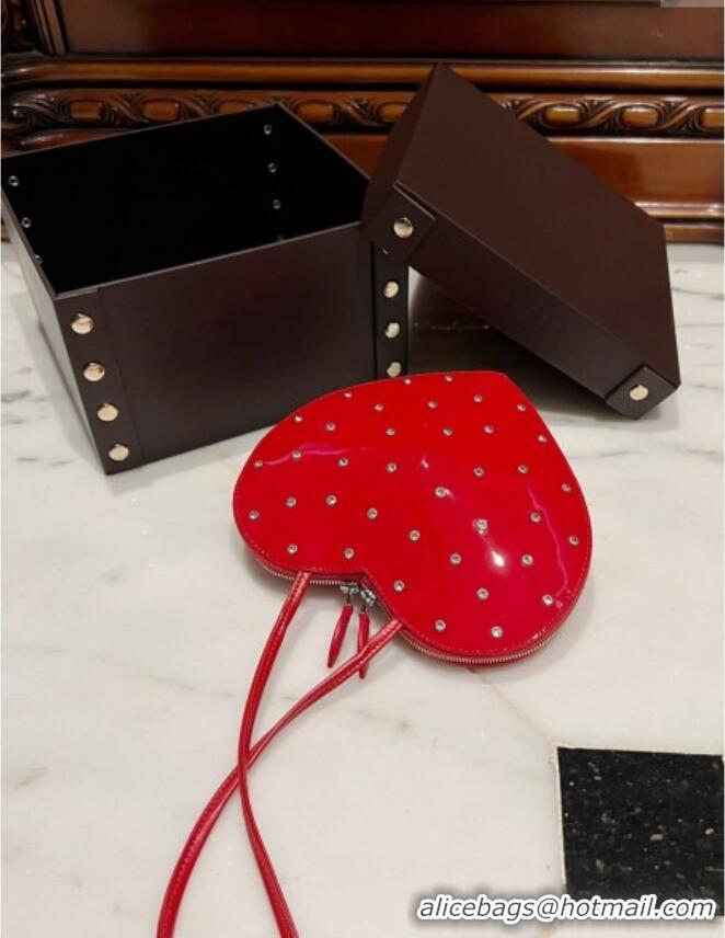 Luxury Cheap Alaia Le Cœur Heart Bag with Strass Stud Allover in Patent Leather 0621 Red 2024