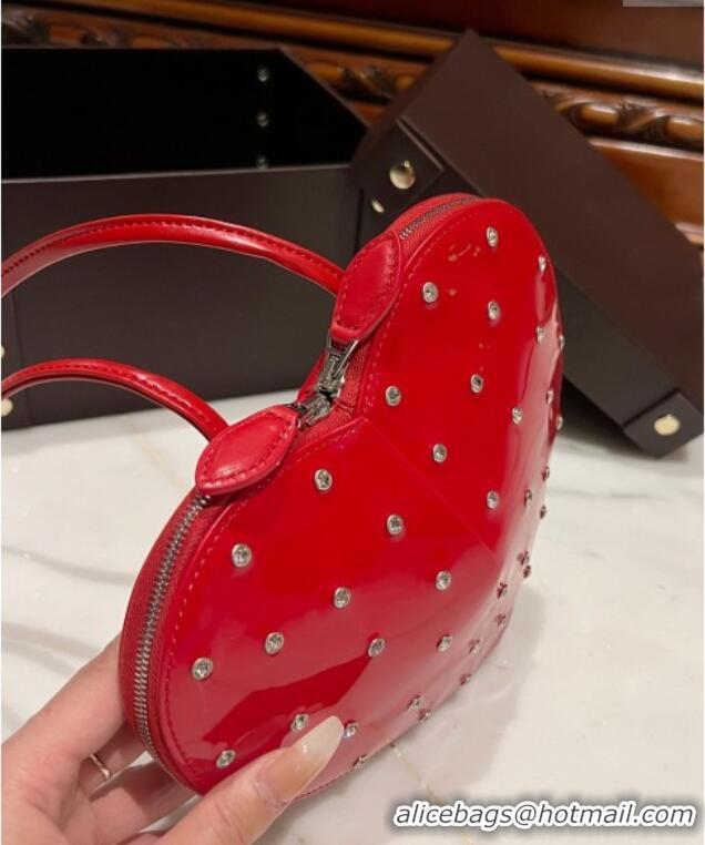 Luxury Cheap Alaia Le Cœur Heart Bag with Strass Stud Allover in Patent Leather 0621 Red 2024