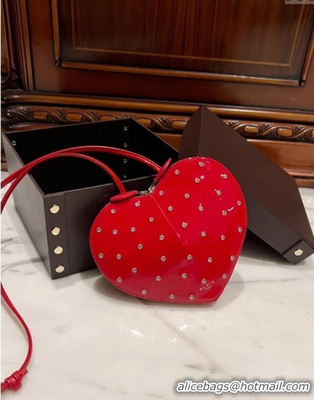 Luxury Cheap Alaia Le Cœur Heart Bag with Strass Stud Allover in Patent Leather 0621 Red 2024