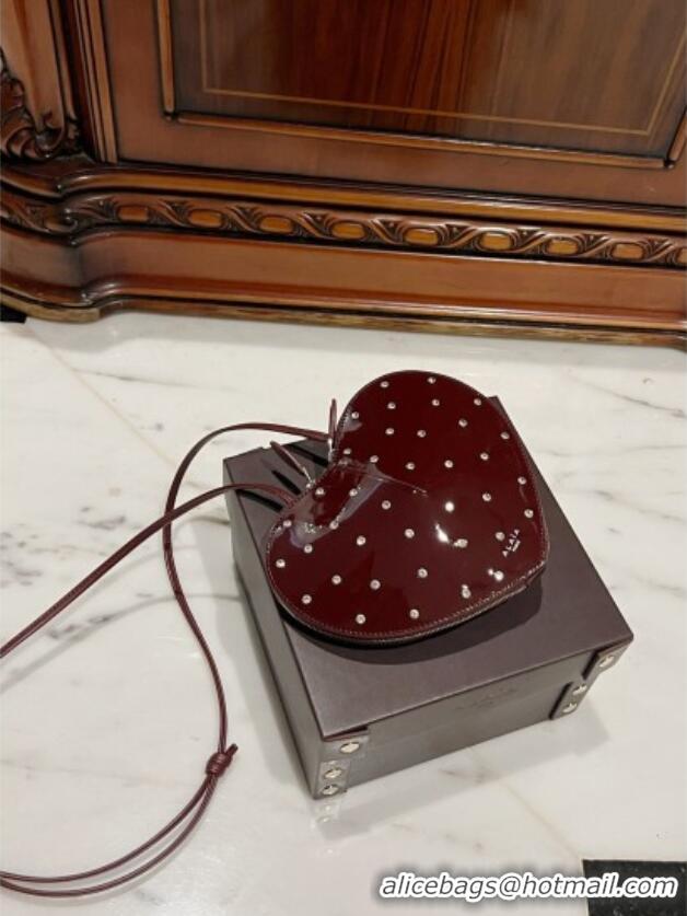 Best Price Alaia Le Cœur Heart Bag with Strass Stud Allover in Patent Leather 0621 Burgundy 2024