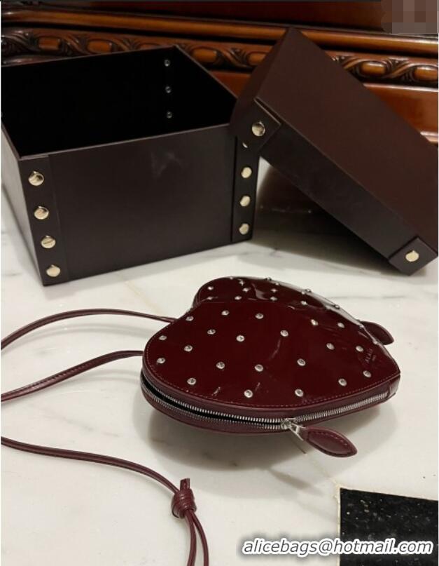 Best Price Alaia Le Cœur Heart Bag with Strass Stud Allover in Patent Leather 0621 Burgundy 2024