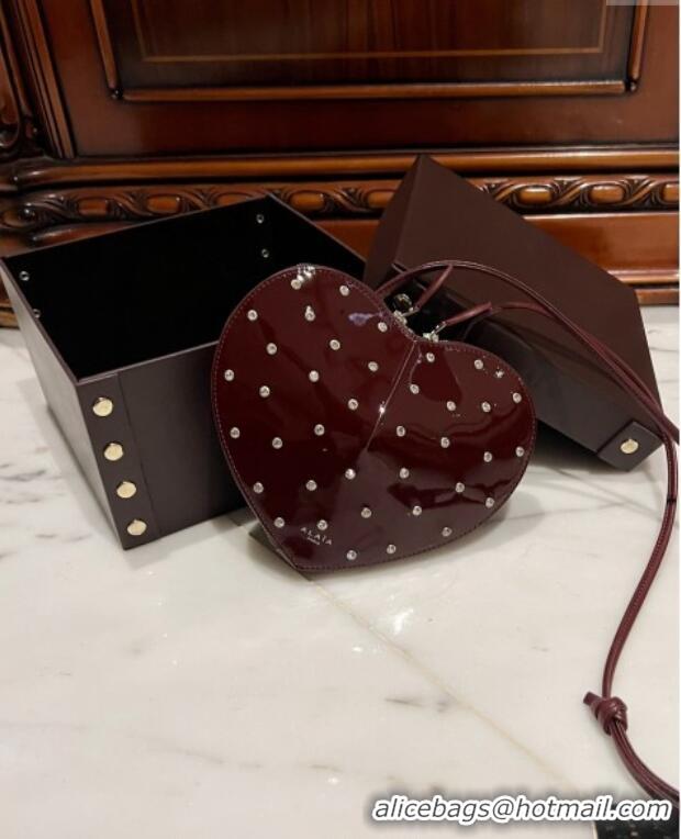 Best Price Alaia Le Cœur Heart Bag with Strass Stud Allover in Patent Leather 0621 Burgundy 2024