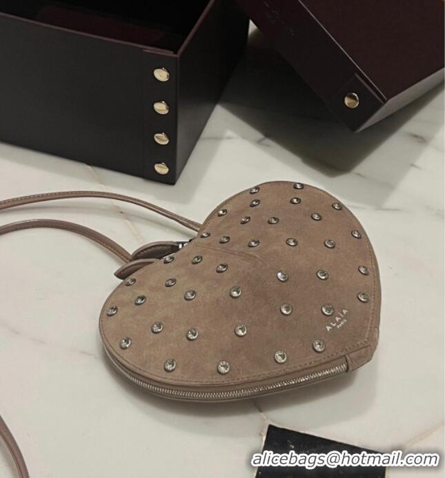 Top Design Alaia Le Cœur Heart Bag with Strass Stud Allover in Suede 0808 Grey 2024