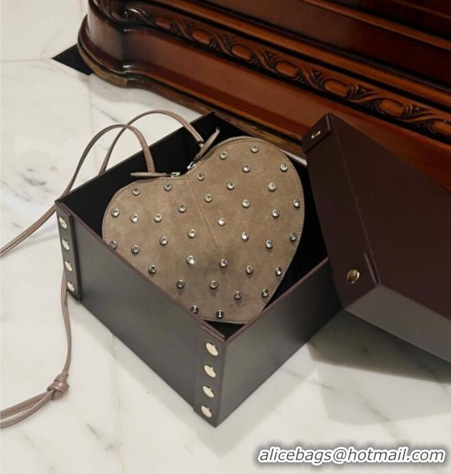 Top Design Alaia Le Cœur Heart Bag with Strass Stud Allover in Suede 0808 Grey 2024