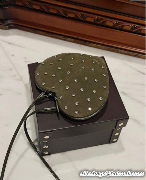 New Fashion Alaia Le Cœur Heart Bag with Strass Stud Allover in Suede 0808 Green 2024