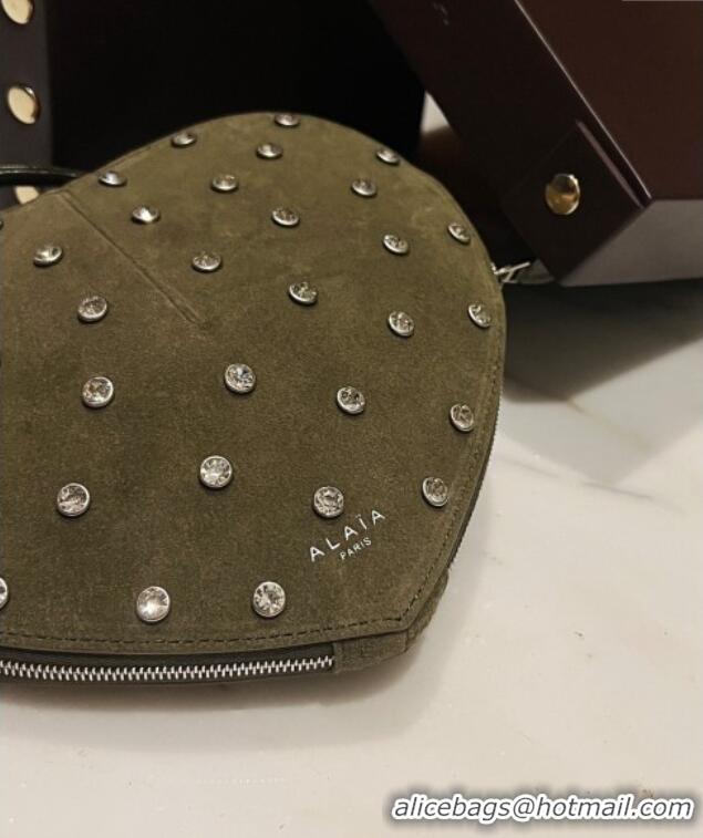 New Fashion Alaia Le Cœur Heart Bag with Strass Stud Allover in Suede 0808 Green 2024