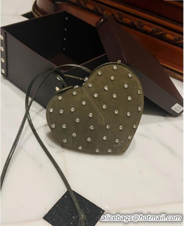 New Fashion Alaia Le Cœur Heart Bag with Strass Stud Allover in Suede 0808 Green 2024