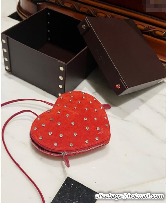 Luxury Cheap Alaia Le Cœur Heart Bag with Strass Stud Allover in Suede 0808 Red 2024