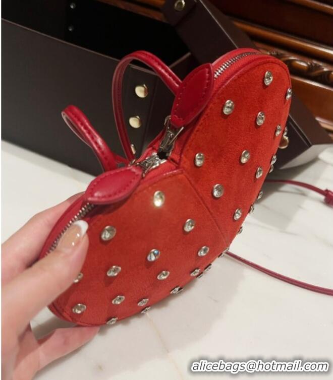 Luxury Cheap Alaia Le Cœur Heart Bag with Strass Stud Allover in Suede 0808 Red 2024