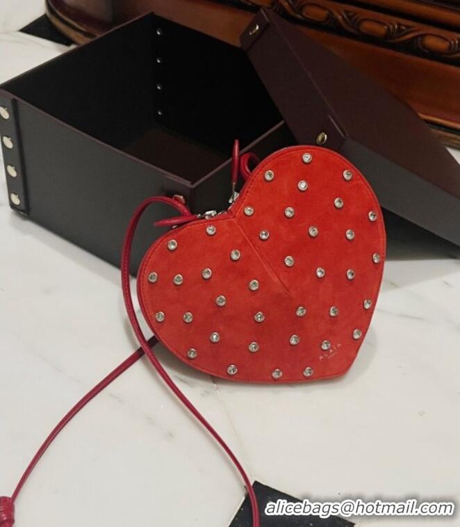 Luxury Cheap Alaia Le Cœur Heart Bag with Strass Stud Allover in Suede 0808 Red 2024