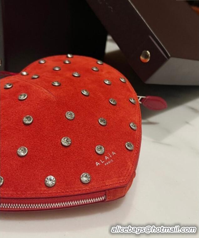 Luxury Cheap Alaia Le Cœur Heart Bag with Strass Stud Allover in Suede 0808 Red 2024