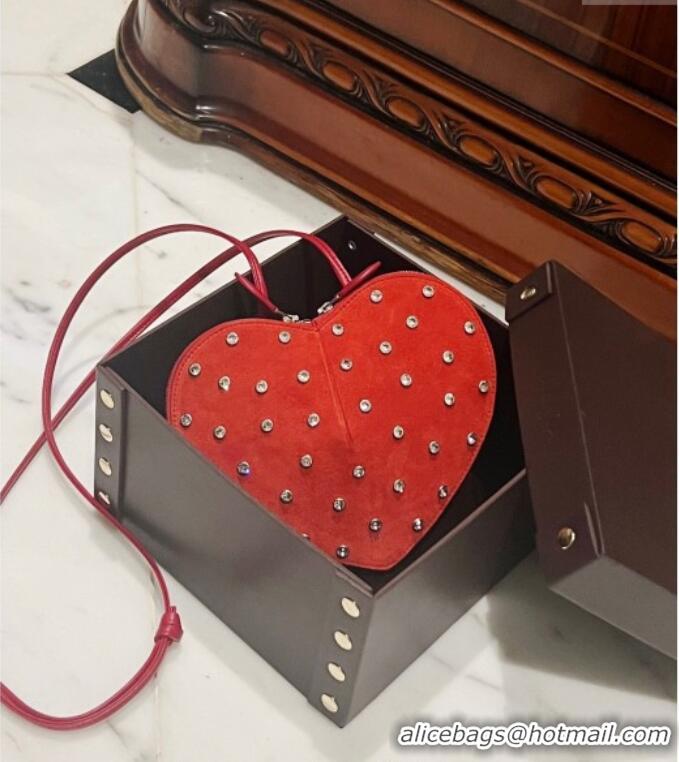 Luxury Cheap Alaia Le Cœur Heart Bag with Strass Stud Allover in Suede 0808 Red 2024