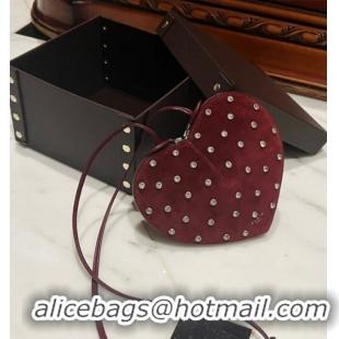 Best Quality Alaia Le Cœur Heart Bag with Strass Stud Allover in Suede 0808 Dark Burgundy 2024