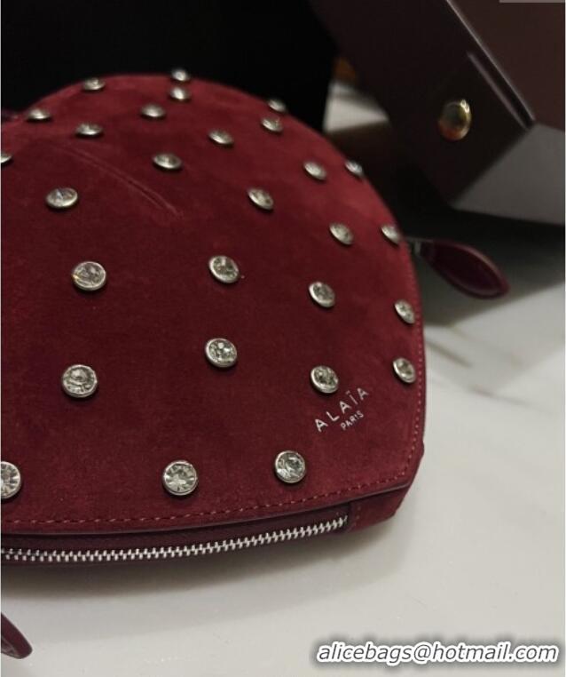 Best Quality Alaia Le Cœur Heart Bag with Strass Stud Allover in Suede 0808 Dark Burgundy 2024