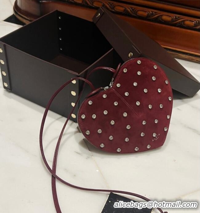 Best Quality Alaia Le Cœur Heart Bag with Strass Stud Allover in Suede 0808 Dark Burgundy 2024