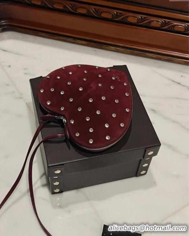 Best Quality Alaia Le Cœur Heart Bag with Strass Stud Allover in Suede 0808 Dark Burgundy 2024