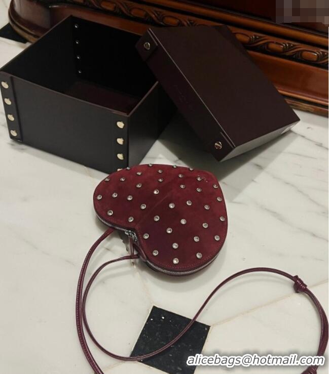 Best Quality Alaia Le Cœur Heart Bag with Strass Stud Allover in Suede 0808 Dark Burgundy 2024