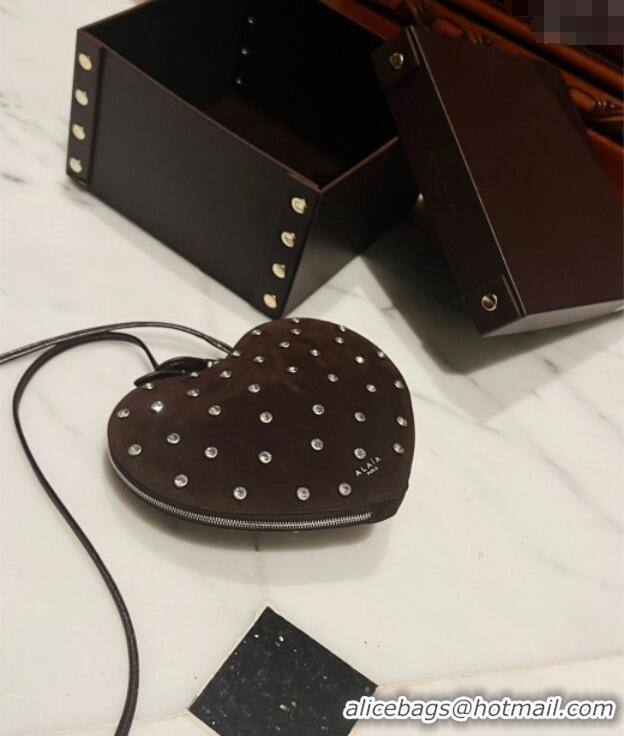 Affordable Price Alaia Le Cœur Heart Bag with Strass Stud Allover in Suede 0808 Brown 2024