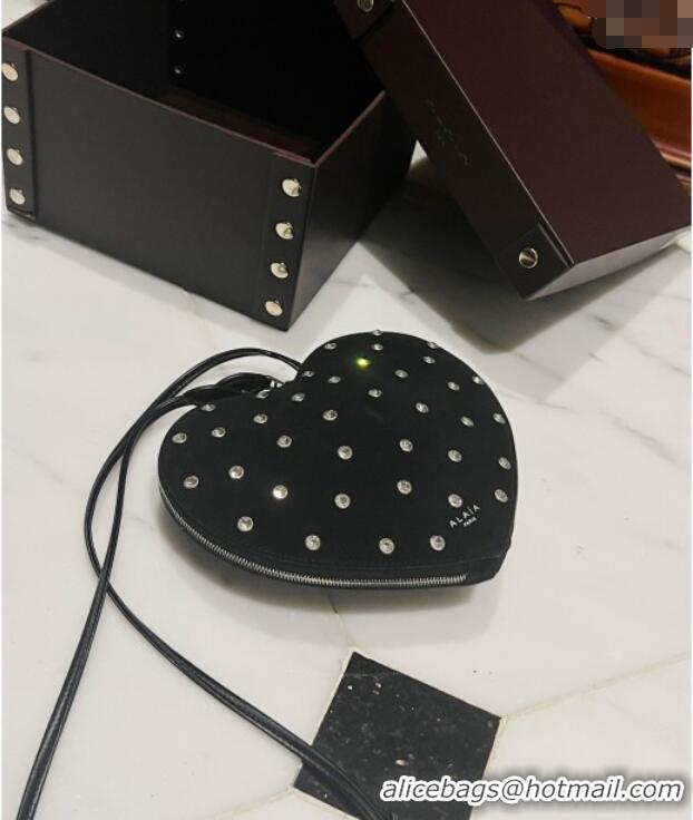 Most Popular Alaia Le Cœur Heart Bag with Strass Stud Allover in Suede 0808 Black 2024