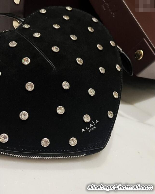 Most Popular Alaia Le Cœur Heart Bag with Strass Stud Allover in Suede 0808 Black 2024