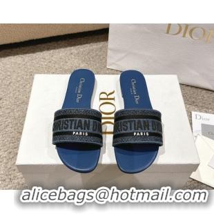 Good Quality Dior Dway Flat Slides Sandal in Classic Embroidered Denim Blue 1231026