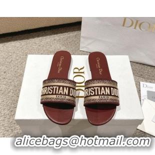 Hot Style Dior Dway Flat Slides Sandal in Classic Embroidered Cotton Burgundy 1231027